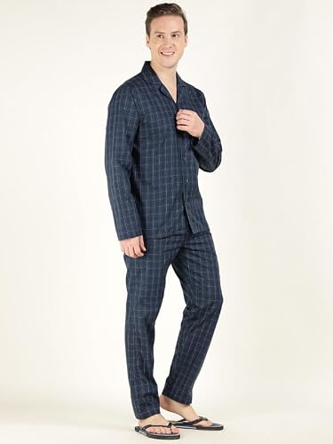Hancock Men Cotton Checked Relaxed Fit Night Suit Navy Blue Size L