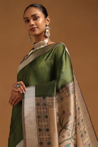 Soch Womens Green Tussar Kalamkari Printed Saree