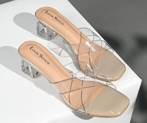 LOUIS STITCH Women’s Fashion Beige Slip-On Block Heel Sandals | Transparent Cross Strap Stylish Heel Sandal for Ladies, Fashionable Sandal | LSOF-LDBH-SLCSBG | (UK-4)