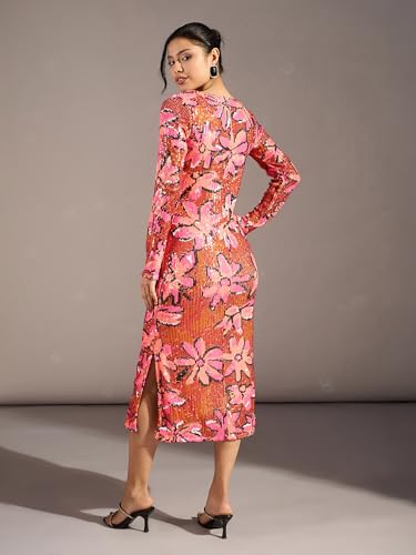 barcino Orange Floral Sequin Round Neck Midi Dress