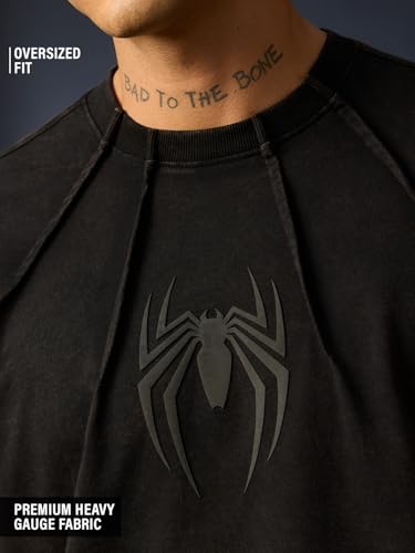 The Souled Store Marvel: Venom Men and Boys Short Sleeve Round Neck Washed Black Graphic Printed Casual Lightweight Drop Shoulder Streetwear Trendy Oversized T-Shirts