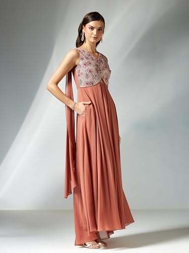 Miss Chase Women's V-Neck Sleeveless Floral Cut-Out Georgette Maxi Dress (MCSS24D06-70-288-03, Dark Peach, S)