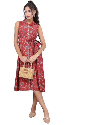Vishudh Women Sleeveless Collared Neck Dress VNa1002381 Red M