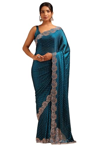 Soch Womens Blue Fendy Organza Embellished Saree With Stone Work