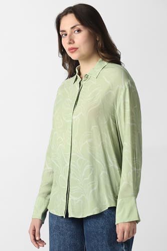 Women Green Print Long Sleeves Formal Shirt