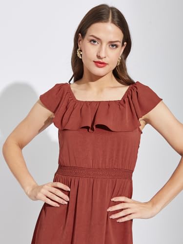 Latin Quarters Women Rust Square Neck Cap Sleeves Solid Below Knee A-Line Dress for Casual Wear_M