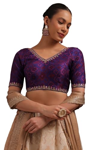 Soch Womens Turquoise Blue Silk Ethnic Motifs Padded Blouse with Mirror Work