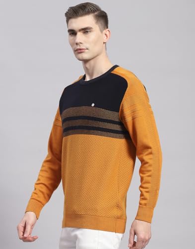 Monte Carlo Mens Mustard Solid Round Neck Full Sleeve Cotton Blend Casual Sweater (1239264RN-2-40)