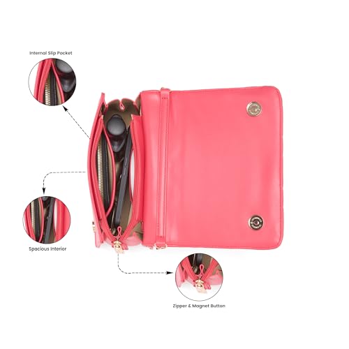 Caprese Winter Medium Sling Bag for Women with Adjustable & Detachable Strap | Multi‑Compartment Shoulder Bag with Zipper & Magnetic Button Closure Letter Chain Charm (Fuchsia)