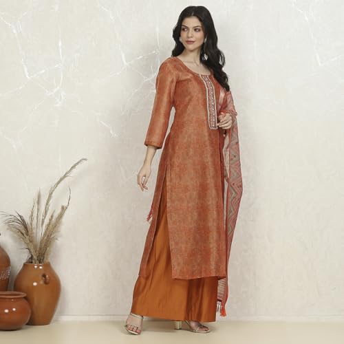 Biba Women's Orange Chanderi Unstitched Suit Set