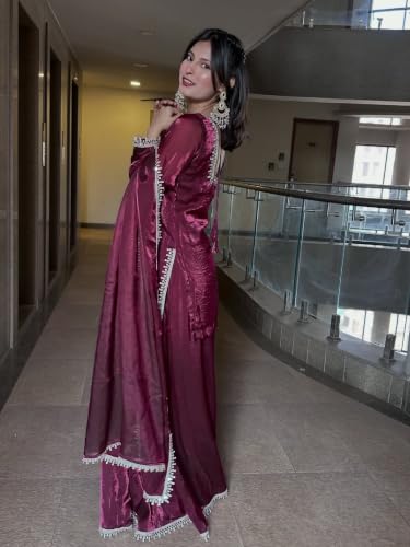 Women's Wine Kurti With Sharara And Dupatta, Silver Lace Border