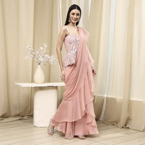 BIBA Women Nude-Colored Peplum Pre-Draped Saree_30