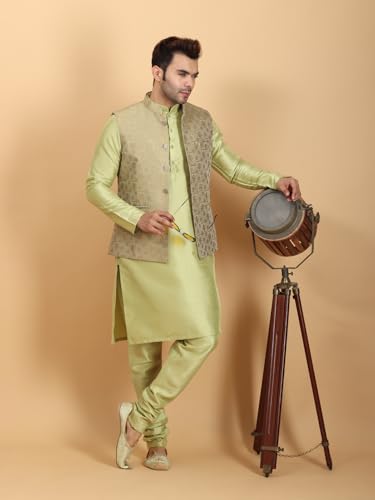 Ethluxis Men's Silk Blend Floral Kurta Pyjama Jacket Set (44, Lime), Green