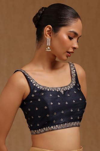 Soch Womens Navy Blue Tussar Embroidered Padded Blouse with Zari
