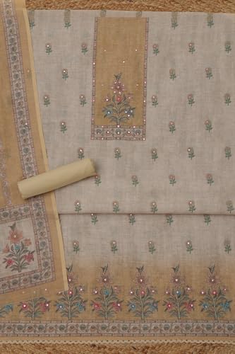 Soch Womens Beige Linen Floral Dress Material With Faux Mirror