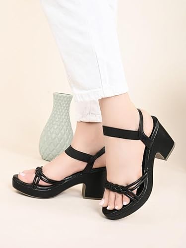 XE Looks Women's Black Wedge Sandals | Elegant Braided Strap Design with Cushioned Footbed | Lightweight Heels for Comfort & Style Sandals For Girls & Women