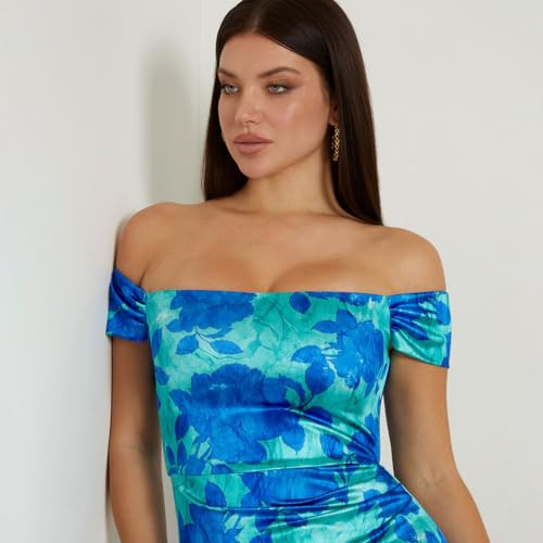 GUESS Women Resort Rose Print Floral Regular Fit Camila Off Shoulder Bodycon Dress