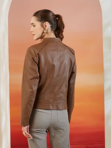 Latin Quarters Women's Brown Solid Full Sleeves Mandarin Neck Casual Biker Jacket_L