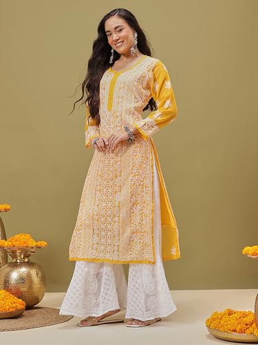 Ada Lucknowi Handmade Chikankari Straight Georgette Kurta with Slip for Women A411220 (Mustard, L)