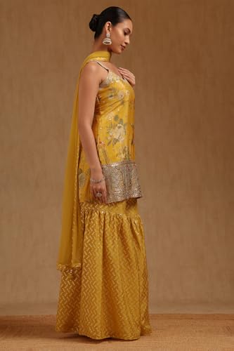 Soch Womens Yellow Chinon Botanical Print Suit Set With Sequins