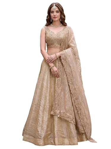 Zeel Clothing Women's Zari Sequins Embroidered Work Crush Silk Lehenga Choli With Dupatta (5136-Golden-Women-Lehenga-Choli-Latest; Free size)