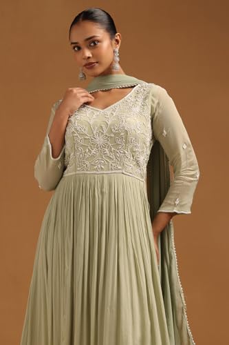 Soch Womens Sap Green Chinon Floral Gown with Cutwork and Stones