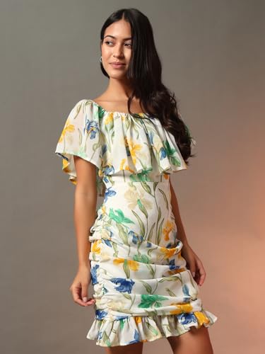 Trend Arrest.ed Women's Floral Ruched Mini Dress | Off-Shoulder Ruffle Neckline | Fully Lined Short Dress | Casual Summer Brunch & Vacation Wear (D5271_Cream 2_L)