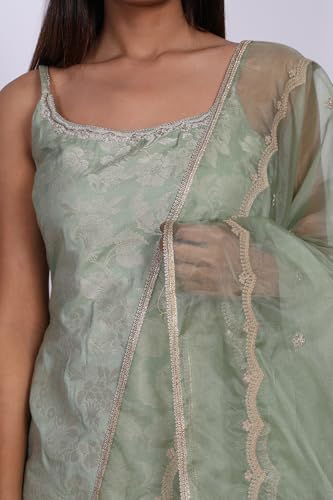 W for Woman Green Self Design Jacquard Zari Straight Kurta with Sharara and Dupatta - (WS13236-314550-M)