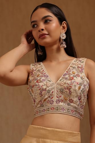 Soch Womens Light Gold Tissue Embroidered Padded Blouse with Cutdana