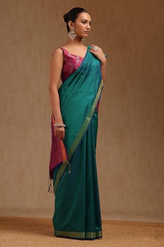 Soch Womens Teal Green Silk Solid Saree