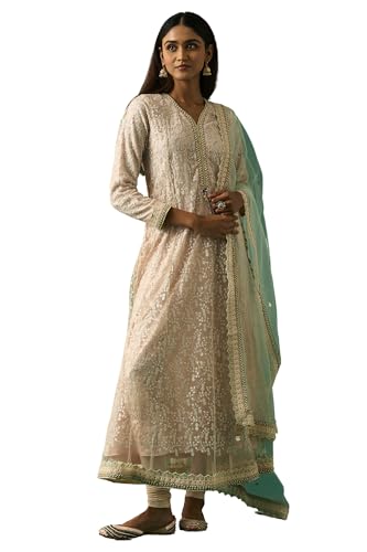 Wishful Women's Beige Floral Embroidered Anarkali Net Kurta with Churidar and Dupatta Set - (SP11502-401093-L)