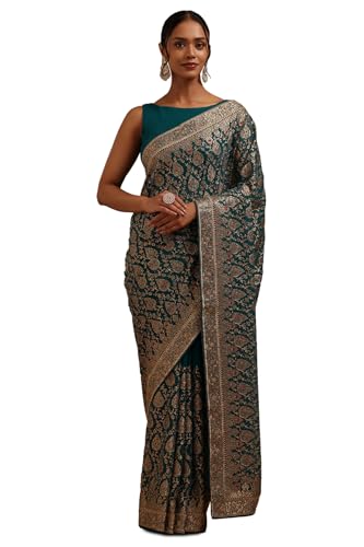 Soch Womens Teal Green Georgette Embroidered Saree With Zari