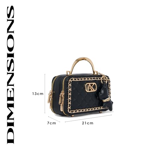 Akiki London Women's Harrow 21 Small Box Satchel Handbag|comes with Dog Charm|Top Grab Handle|Metal Finish|Stylish Ladies Purse|Party Clutch for Women