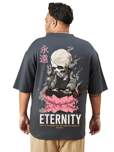 Bewakoof Heavy Duty® 1.0 Men's Graphic Print Oversized Fit Half Sleeve Round Neck Cotton Blend Plus Size T-Shirt_694261_Grey_4XL