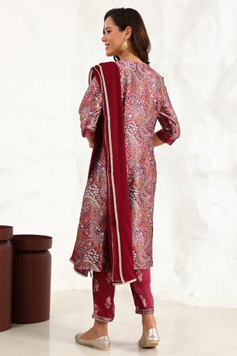 W for Woman Wine Paisley Printed Japanese Satin Embroidered Neck Kurta with Straight Pants with Dupatta (Size: XXL)-24AUWS11968-124645