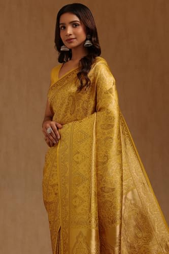 Soch Womens Yellow Tussar Floral Zari Woven Saree