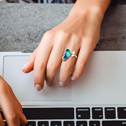 RUVEE 18K Gold Plated Butterfly Ring for Women – Blue Enamel Wing Design with Cubic Zirconia & Crystal Accents – Adjustable Statement Ring – Elegant Nature-Inspired Fashion Jewelry Gift