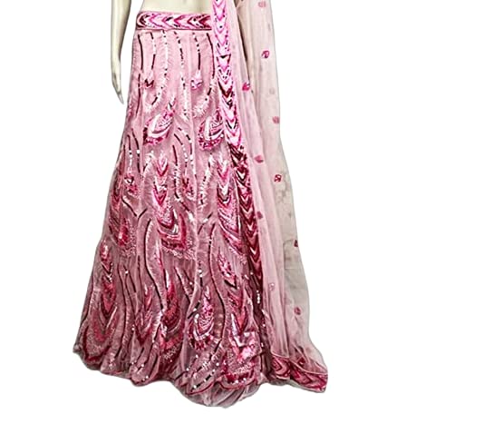 Ethnic Riwazzs - Bringing Heritage to You Women's Net & Pure Silk Embroidered Semi-Stitched Lehenga Choli with Dupatta (Pink Frill-Wedding-Bridal-Latest-Lehenga; Free Size)