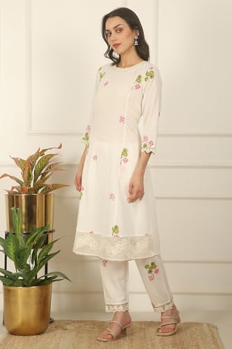 W for Woman White Floral Printed Checker Cotton A-line Kurta, Pants and Dupatta Set (Size: 2XL)-WS12519-125534