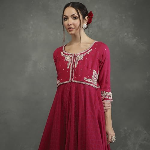 BIBA Women's Silk Chanderi Kurta Sets (CKD10745AW24FUS_Pink