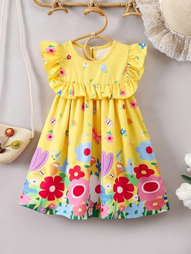 Tagas Dopamine Flowers & Ruffled Hem Girl Dress | Party (Dress) for Girls|Frock for Girls| (KD-67)