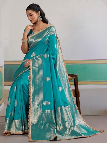 AKHILAM Women's Light Blue Satin Silk Ethnic Printed Saree With Unstitched Blouse Piece(KRNIVLWED002_RJ)