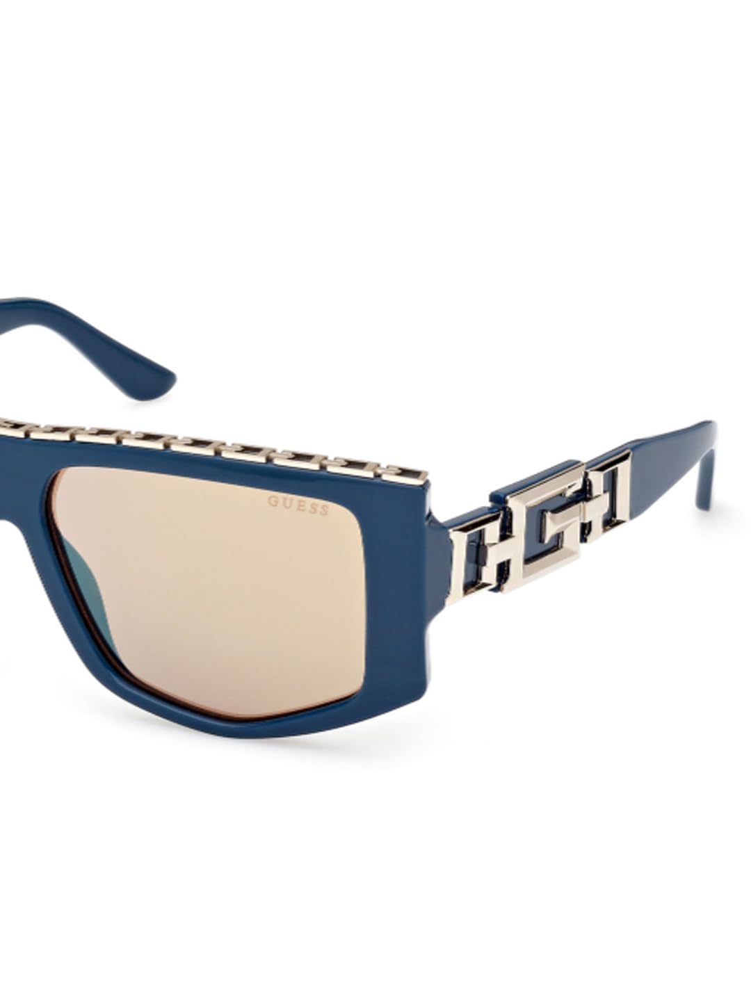 Guess sunglasses| 100% UV protected | Solid Mirror | Full Rim | Pentagon | Women | Large | Shiny Light Gold-Shiny Blue Alloy Metal Frame | Solid Mirror-Brown Lens