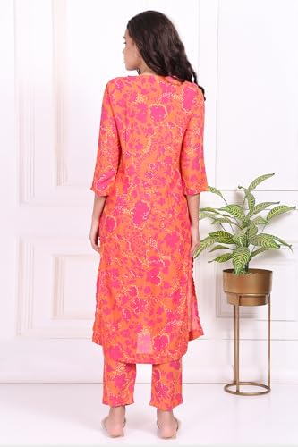 W for Woman Orange Floral Printed Sequined Straight Modal Kurta and Straight Pant Set - (WS13690B-126963-XS)