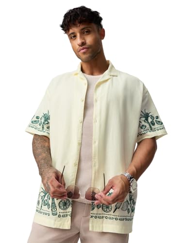 The Souled Store Summer Shirt: Desi Heat Men and Boys Short Sleeve Cuban Collar Light Yellow Embroidered Lightweight Easy to Style Everyday Street Wear Trendy Casual Cotton Oversized Shirt