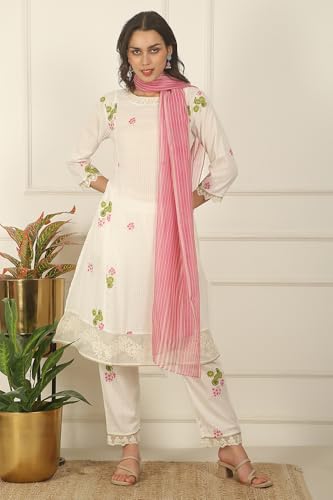 W for Woman White Floral Printed Checker Cotton A-line Kurta, Pants and Dupatta Set (Size: 2XL)-WS12519-125534