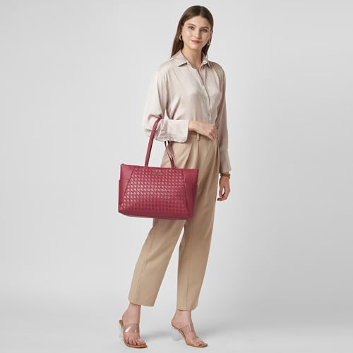 Caprese Patricia 14 Inch Laptop Compatible Large Tote Bag for Women | Stylish, Durable, and Spacious with Multiple Compartments, Back Zipper Pocket for Work, Travel, and Everyday Use (Cherry Red)