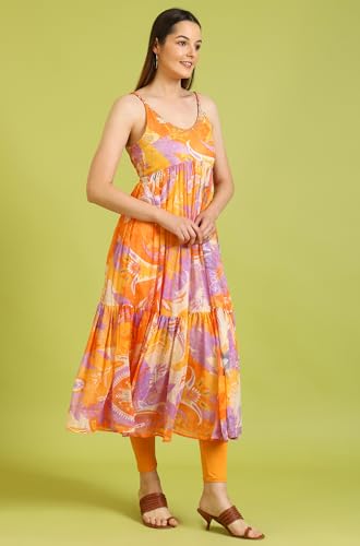 W for Woman Orange Abstract Printed Tiered Spaghetti Kurta and Leggings Set with Dupatta (Size: L)-WS11527-123741