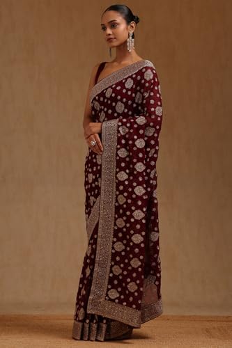 Soch Womens Wine Georgette Embroidered Saree With Stone Work