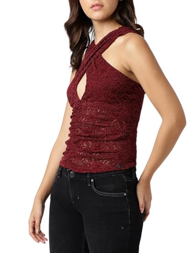 GUESS Women's Top W3YP19 KBU40 F44A Black, Black Cherry Multi, XL